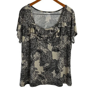 Van Heusen Blouse XXL Rose Floral Ruffled Square Neck Cream Black Gray Dressy